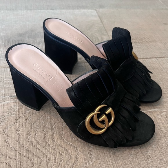 GUCCI Black Suede Fringe Mules - Picture 2 of 11